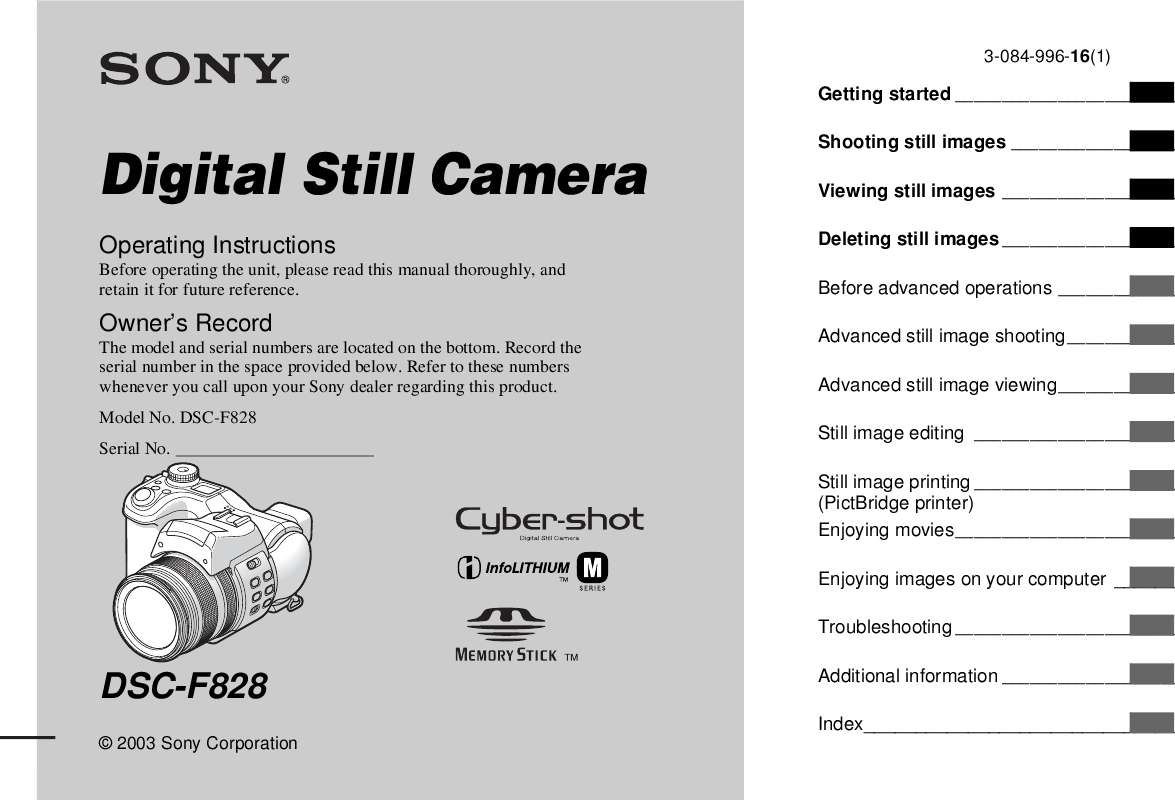 Guide utilisation SONY CYBER-SHOT DSC-F828  de la marque SONY