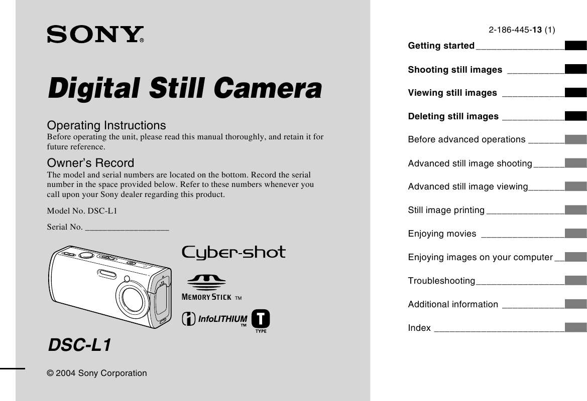 Guide utilisation SONY CYBER-SHOT DSC-L1  de la marque SONY
