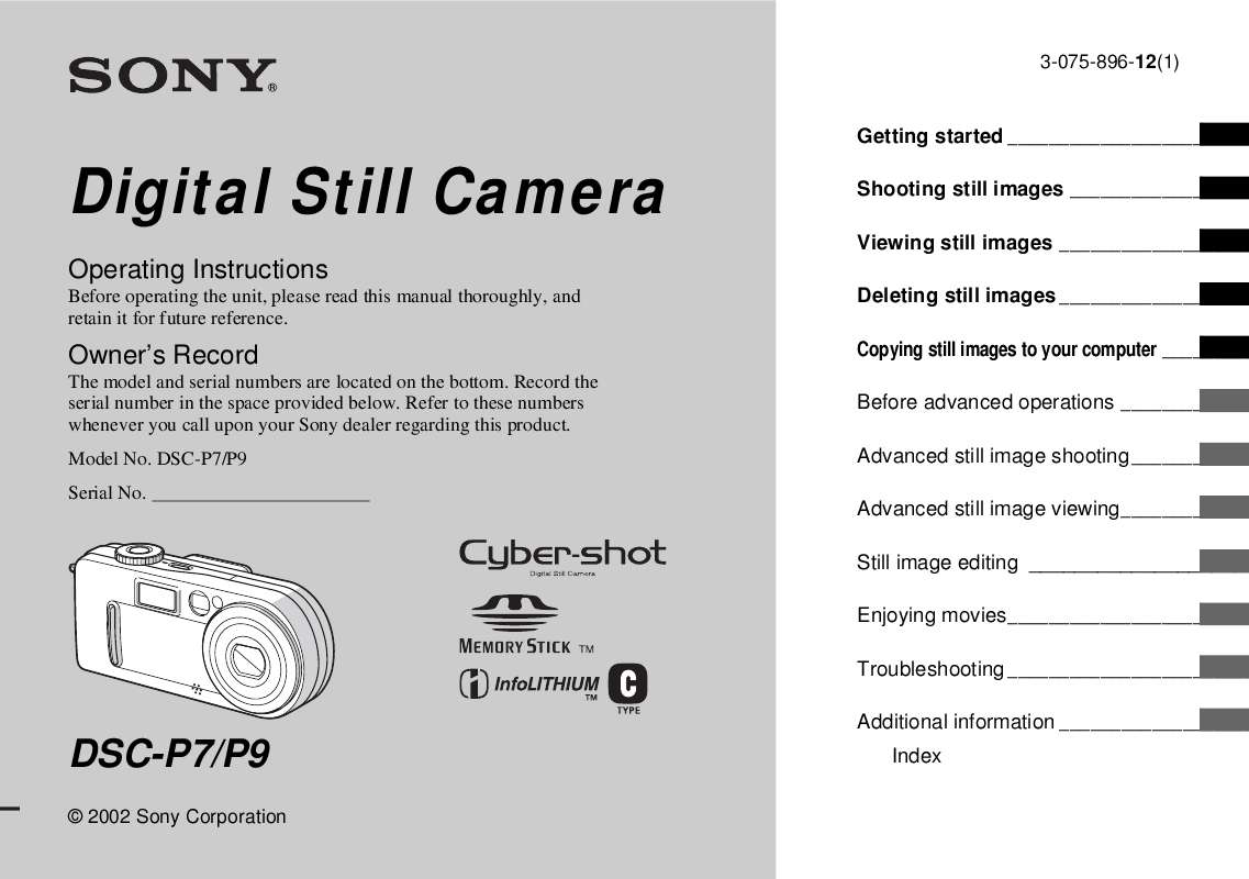 Guide utilisation SONY CYBER-SHOT DSC-P7  de la marque SONY