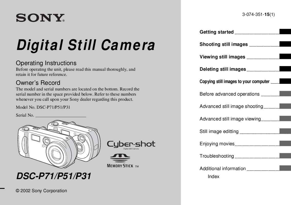Guide utilisation SONY CYBER-SHOT DSC-P71  de la marque SONY