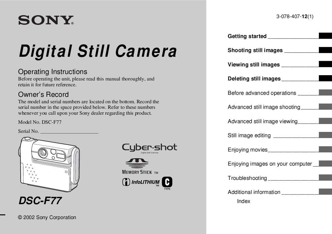 Guide utilisation SONY CYBER-SHOT DSC-F77  de la marque SONY