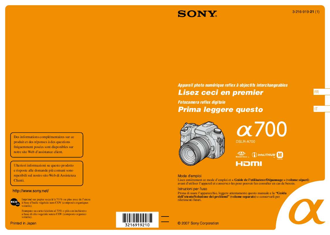 Guide utilisation SONY ALPHA DSLR-A700  de la marque SONY