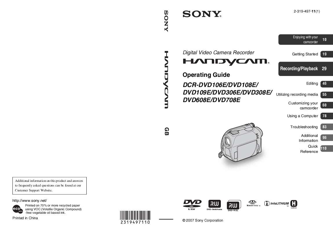 Guide utilisation SONY DCR-DVD108E  de la marque SONY