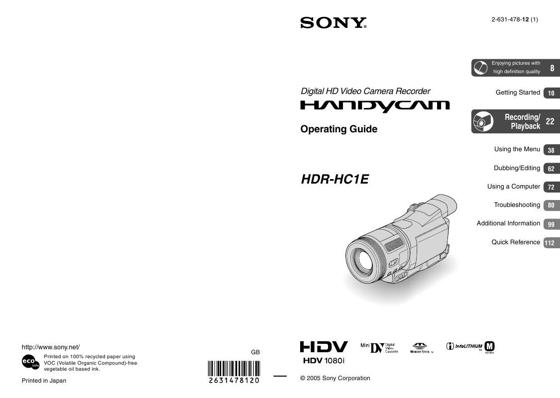 Guide utilisation SONY HDR-HC1E  de la marque SONY