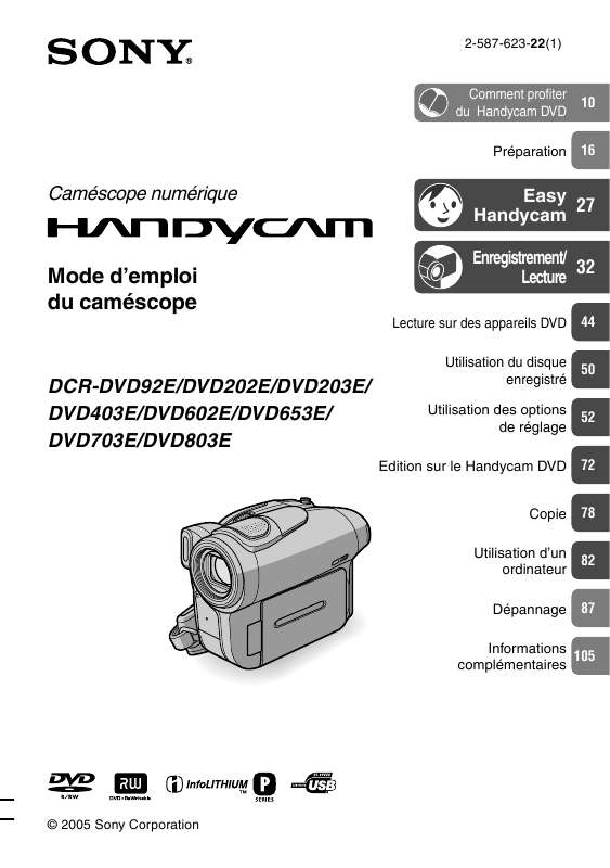 Guide utilisation SONY DCR-DVD92E  de la marque SONY