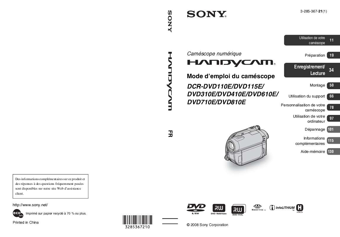 Guide utilisation SONY DCR-DVD110E  de la marque SONY