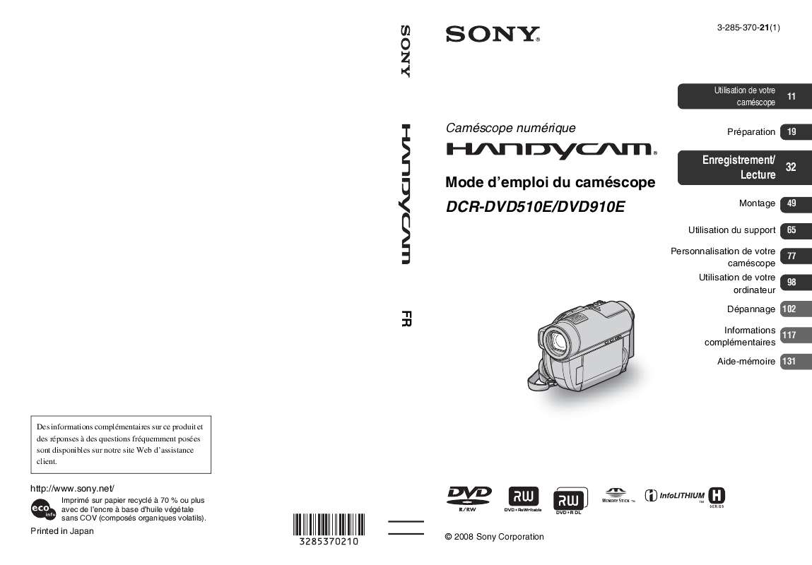 Guide utilisation SONY DCR-DVD510E  de la marque SONY