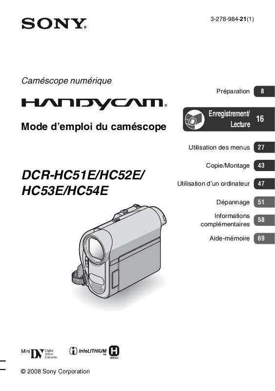 Guide utilisation SONY DCR-HC51E  de la marque SONY