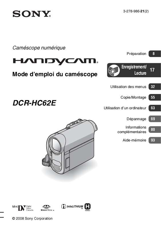 Guide utilisation SONY DCR-HC62E  de la marque SONY