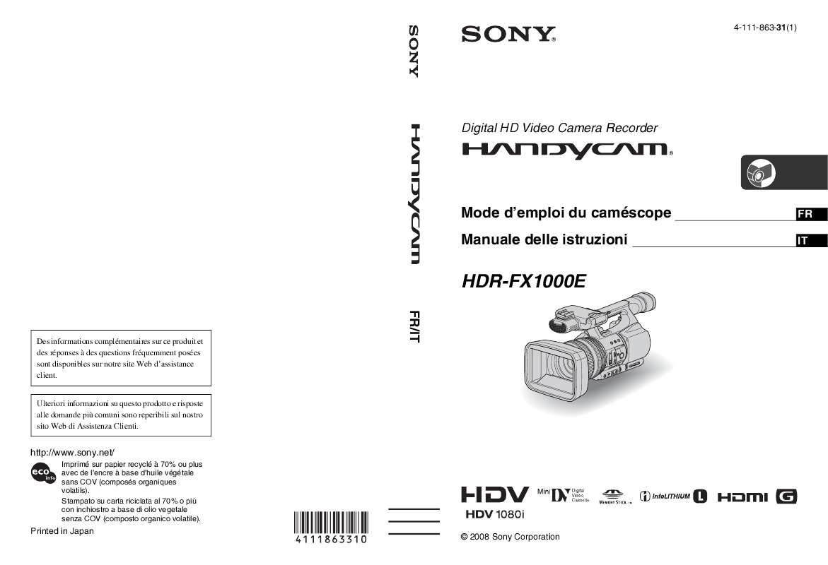 Guide utilisation SONY HDR-FX1000E  de la marque SONY