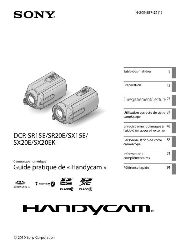 Guide utilisation SONY DCR-SX15E  de la marque SONY