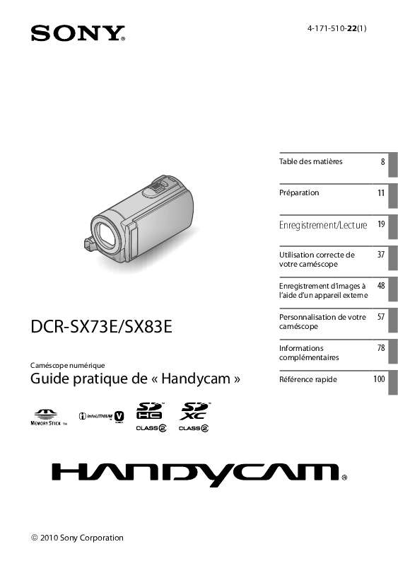 Guide utilisation SONY DCR-SX73E  de la marque SONY