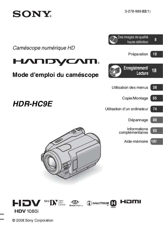Guide utilisation SONY HDR-HC9E  de la marque SONY