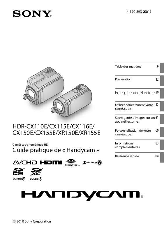 Guide utilisation SONY HDR-XR150  de la marque SONY