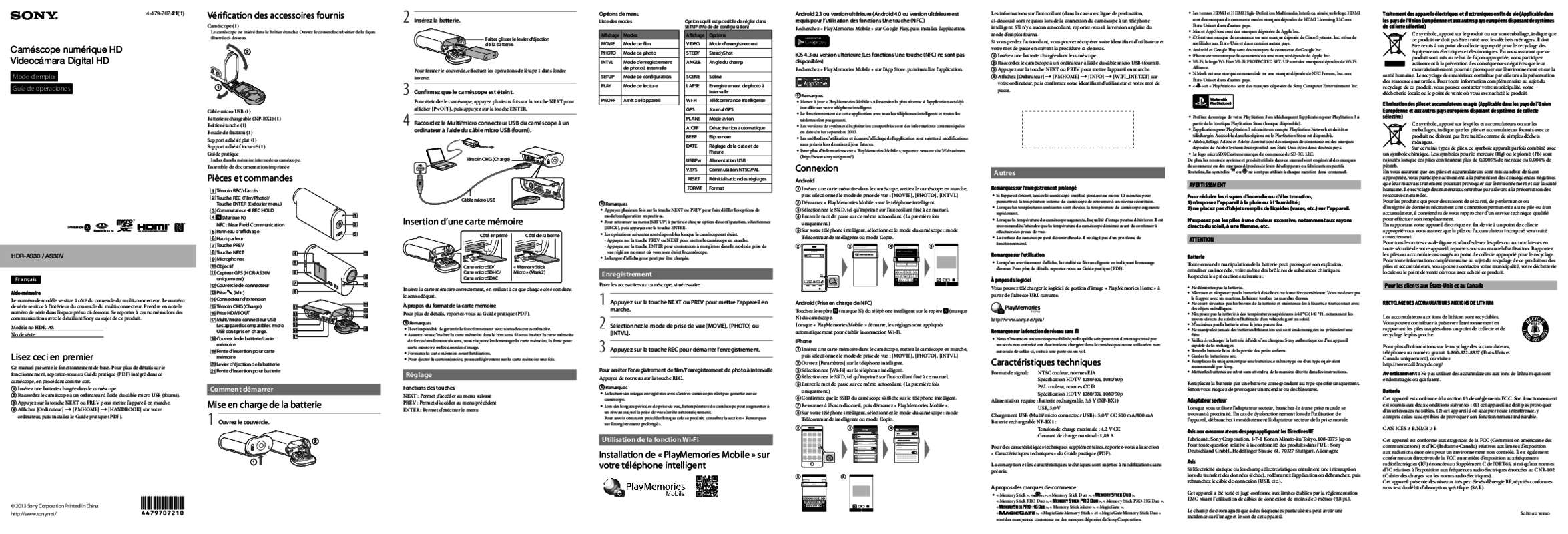 Guide utilisation SONY HDR AS30V  de la marque SONY