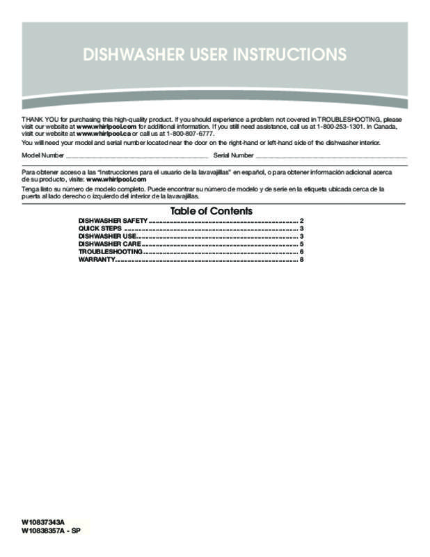Guide utilisation WHIRLPOOL UDT555SAFP  - USE & CARE GUIDE de la marque WHIRLPOOL