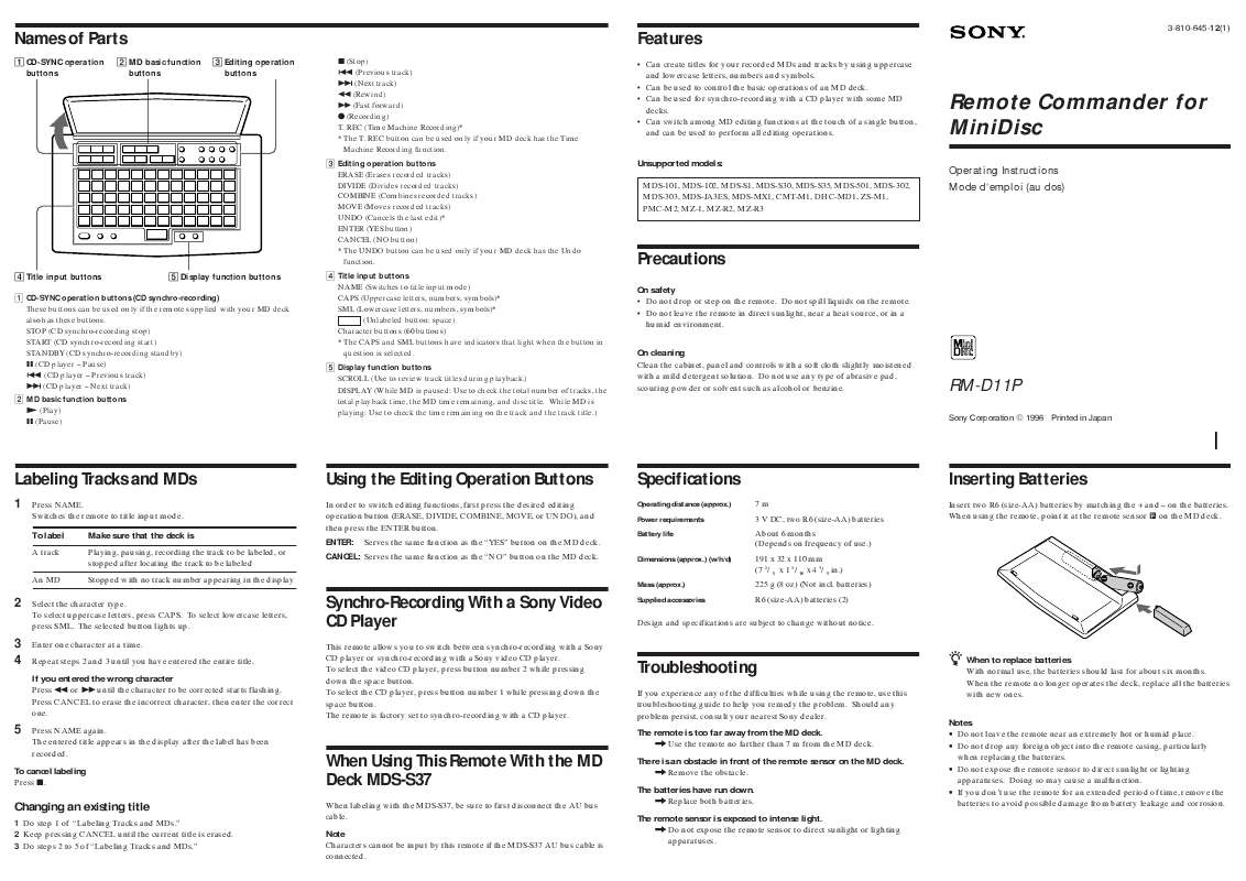 Guide utilisation SONY RM-D11P  de la marque SONY
