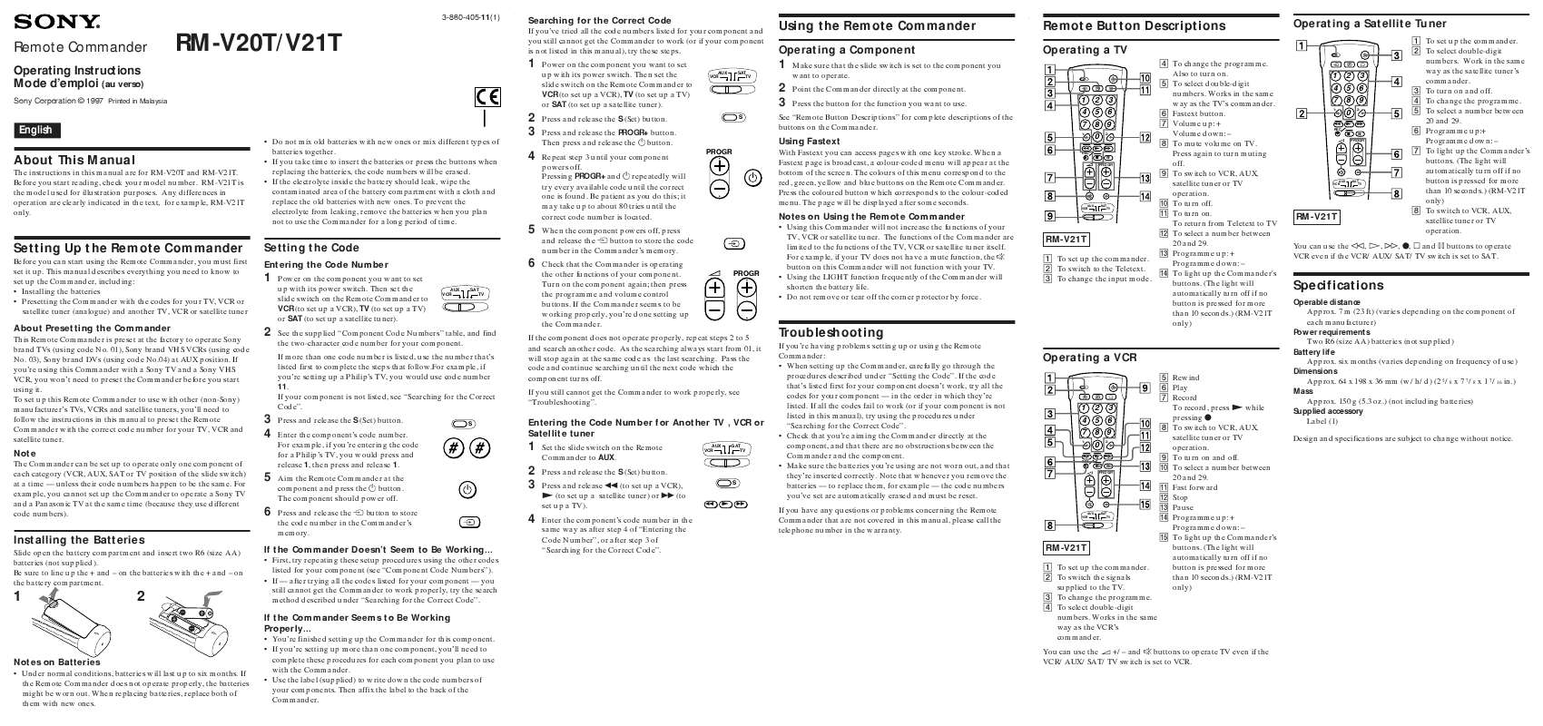 Guide utilisation SONY RM-V20T  de la marque SONY