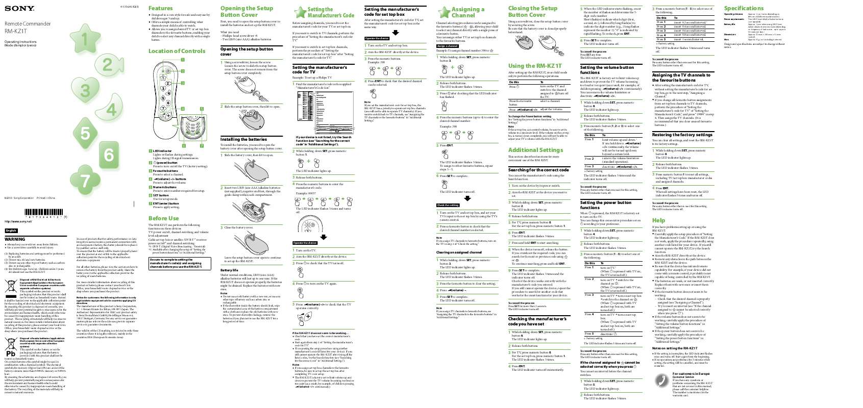 Guide utilisation SONY RM-KZ1T  de la marque SONY