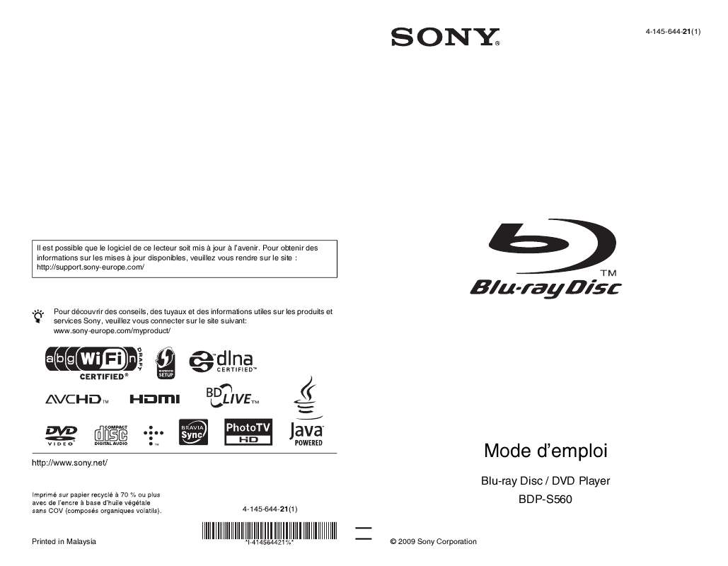 Guide utilisation SONY BDP-S560  de la marque SONY