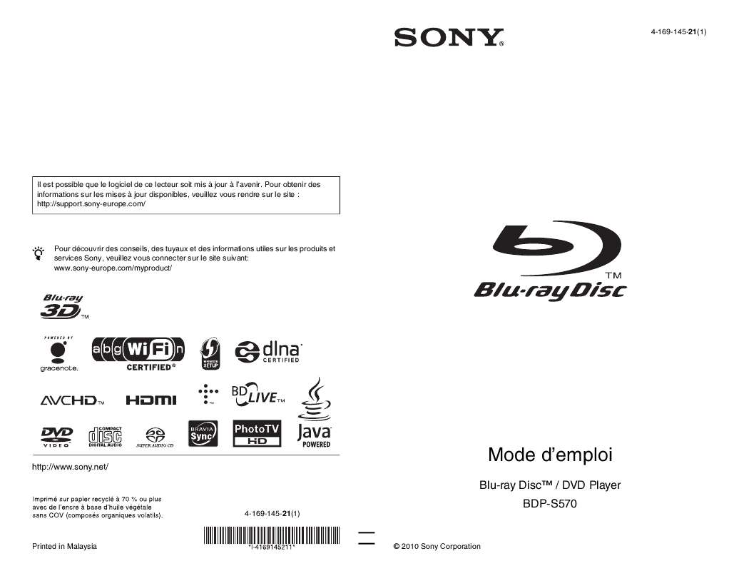 Guide utilisation SONY BDP-S570  de la marque SONY