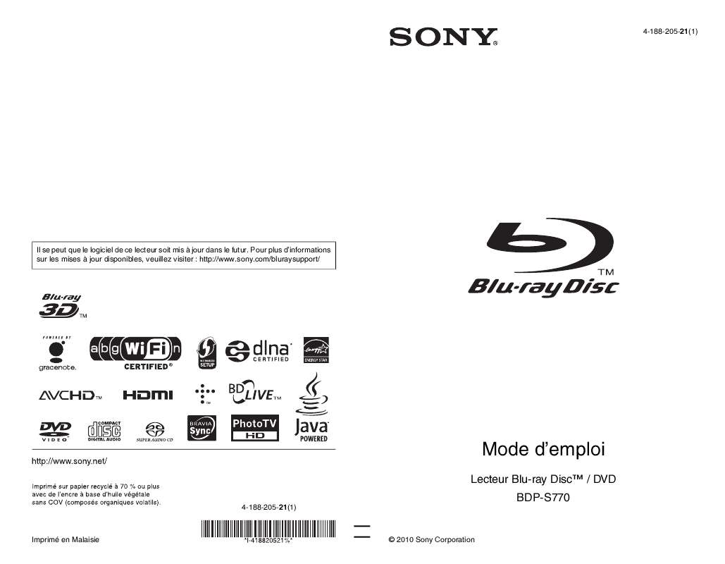 Guide utilisation SONY BDP-S770  de la marque SONY