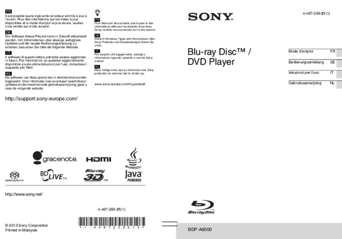 Guide utilisation SONY BDPA6000  de la marque SONY