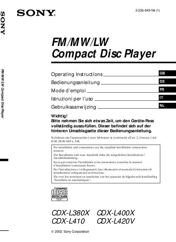 Guide utilisation SONY CDX-L380X  de la marque SONY