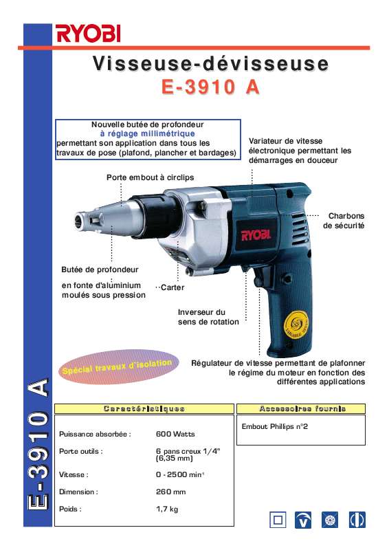 Guide utilisation  RYOBI E-3910A  de la marque RYOBI