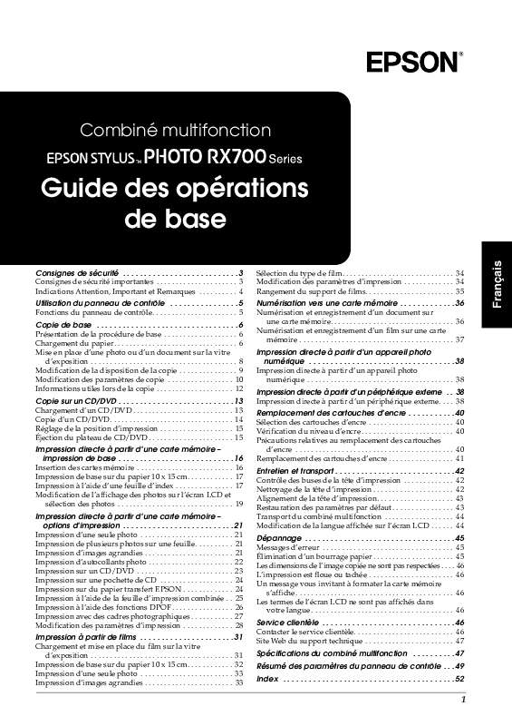Guide utilisation EPSON STYLUS PHOTO RX700  de la marque EPSON