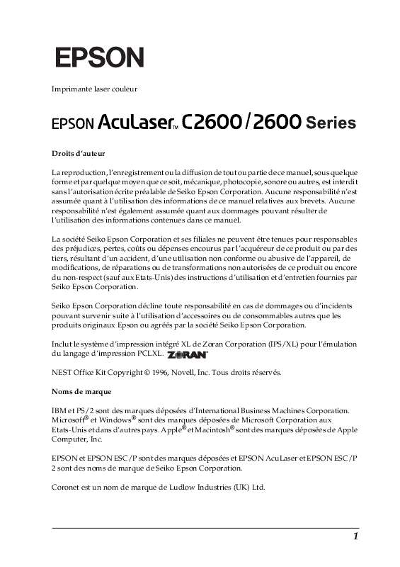 Guide utilisation EPSON ACULASER 2600  de la marque EPSON