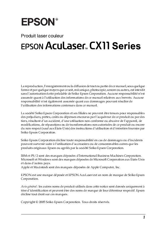 Guide utilisation EPSON ACULASER CX11N  de la marque EPSON