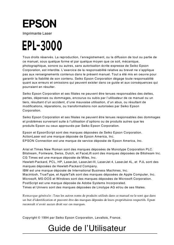Guide utilisation EPSON EPL-3000  de la marque EPSON