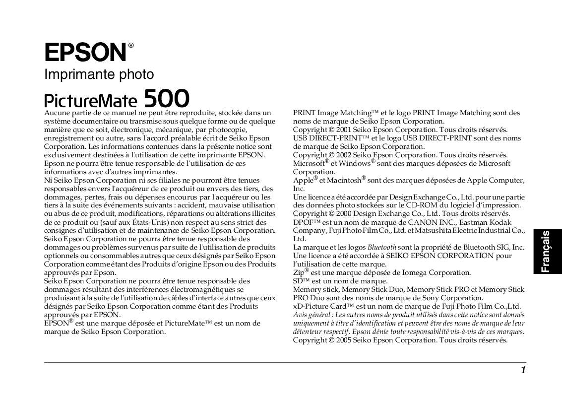 Guide utilisation EPSON PICTUREMATE 500  de la marque EPSON