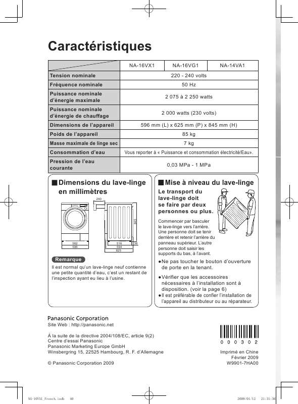 Guide utilisation PANASONIC NA-16VG1 de la marque PANASONIC