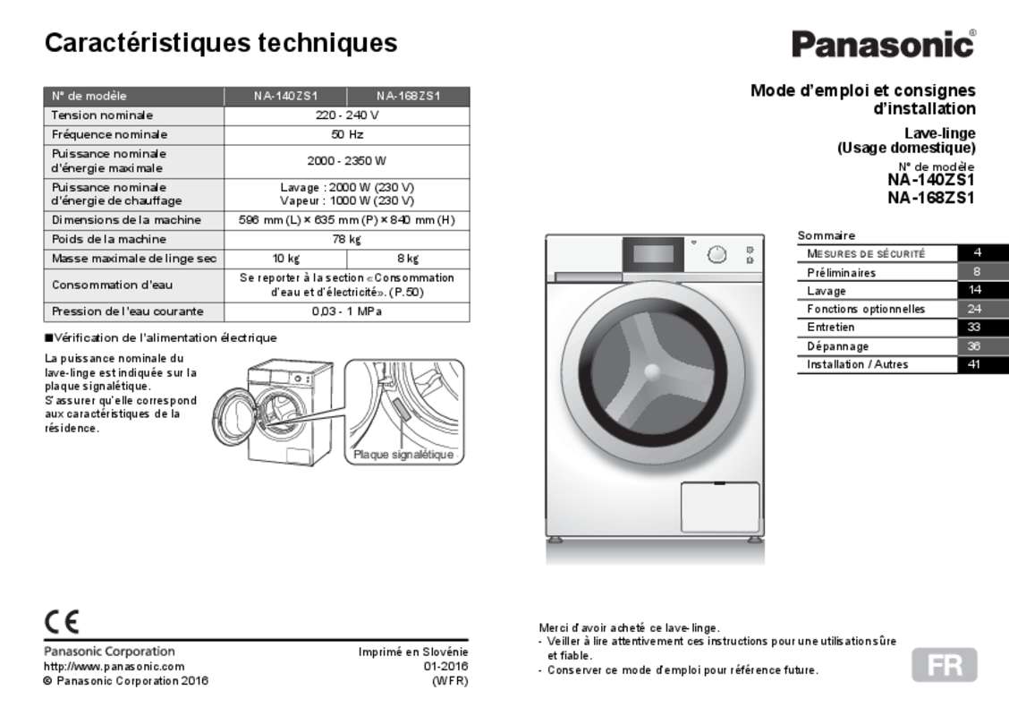 Guide utilisation PANASONIC NA-168ZS1 de la marque PANASONIC