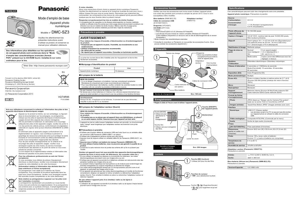 Guide utilisation PANASONIC DMC-SZ3EF  de la marque PANASONIC