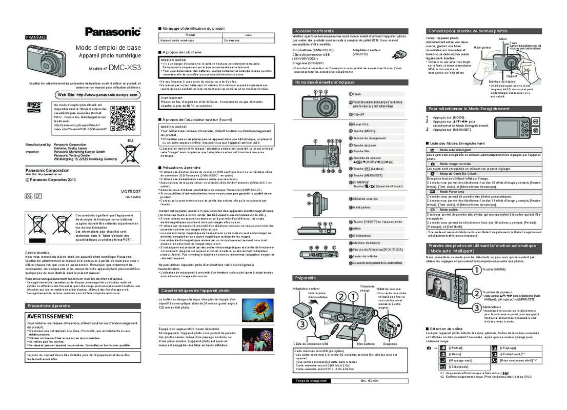 Guide utilisation PANASONIC DMC-XS3EG  de la marque PANASONIC