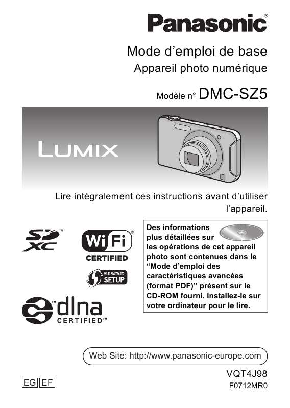 Guide utilisation PANASONIC LUMIX DMC-SZ5EF  de la marque PANASONIC