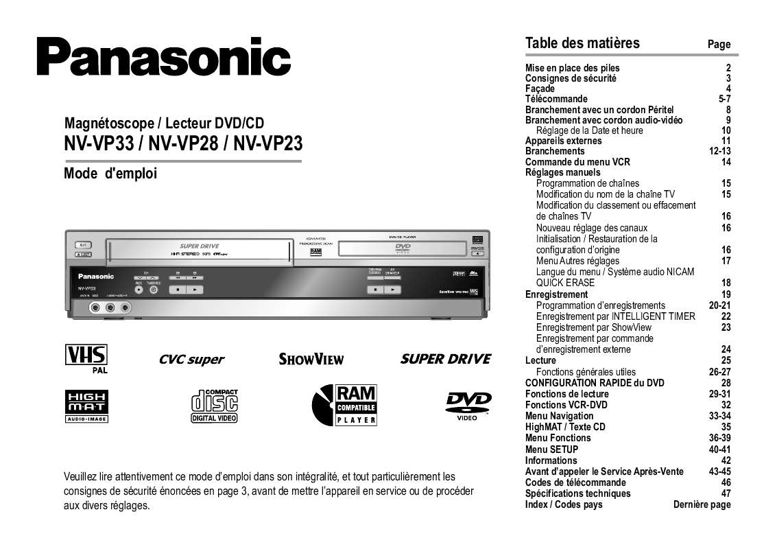 Guide utilisation PANASONIC NV-VP23  de la marque PANASONIC