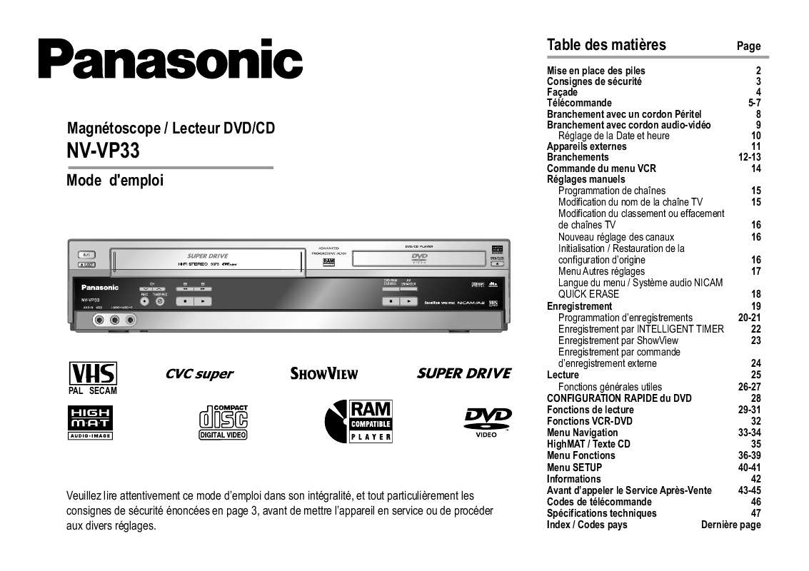 Guide utilisation PANASONIC NV-VP33  de la marque PANASONIC
