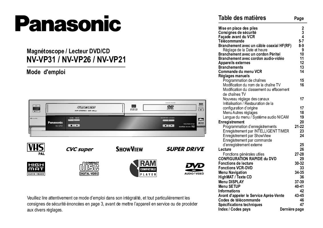 Guide utilisation PANASONIC NVVP21EC  de la marque PANASONIC