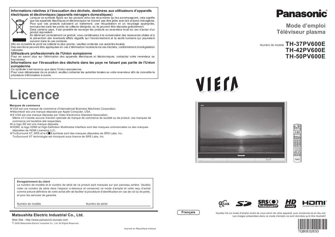 Guide utilisation PANASONIC TH-37PV600E  de la marque PANASONIC