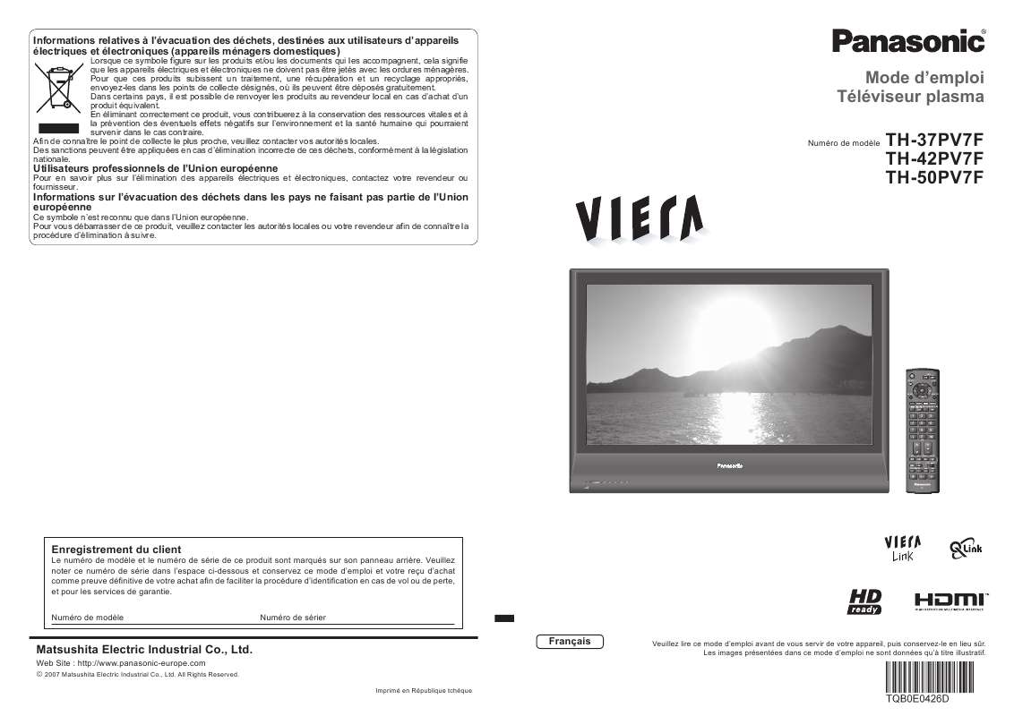 Guide utilisation PANASONIC TH-37PV7F  de la marque PANASONIC