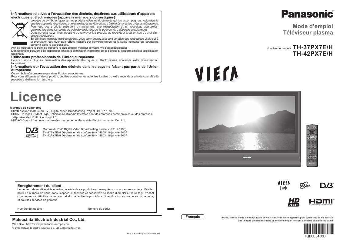 Guide utilisation PANASONIC TH-37PX7EH  de la marque PANASONIC