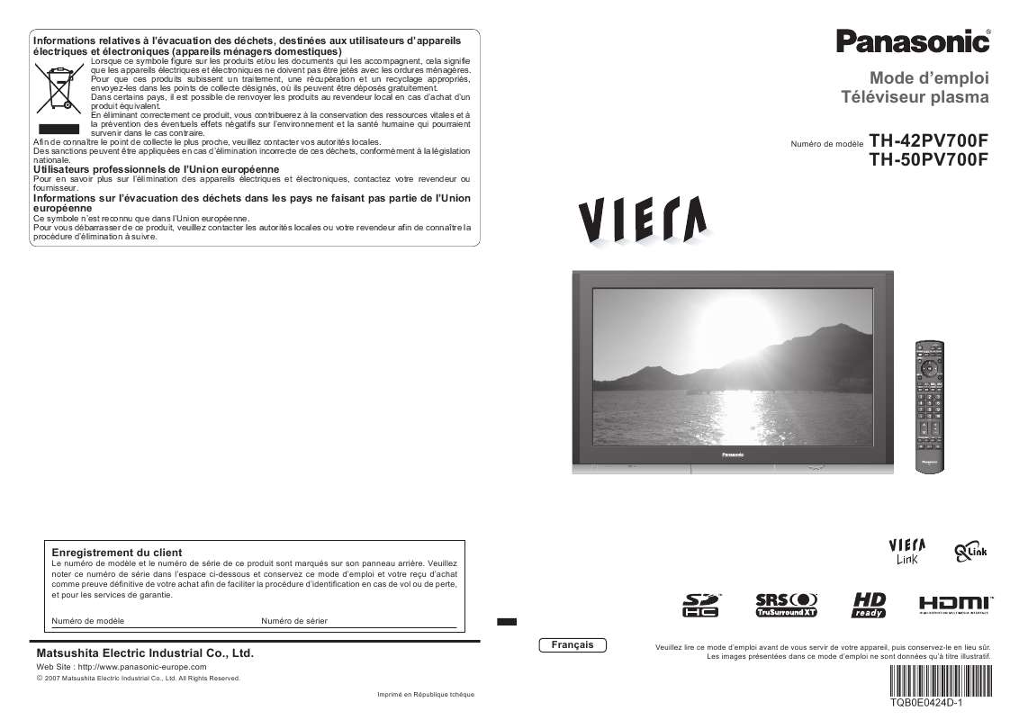 Guide utilisation PANASONIC TH-42PV700F  de la marque PANASONIC