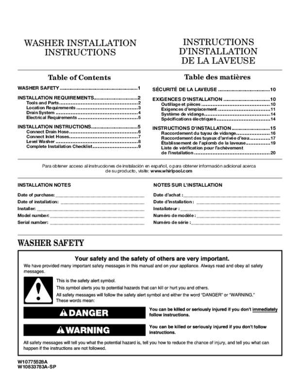 Guide utilisation WHIRLPOOL WFW9290FBD  - INSTALLATION GUIDE de la marque WHIRLPOOL