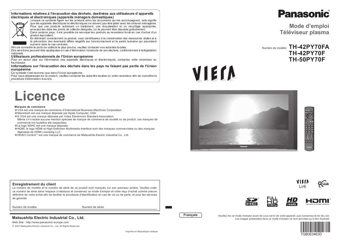 Guide utilisation PANASONIC TH-42PY70F  de la marque PANASONIC
