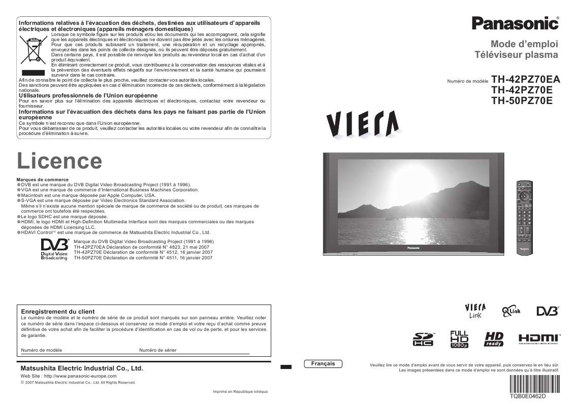 Guide utilisation PANASONIC TH-42PZ70E  de la marque PANASONIC