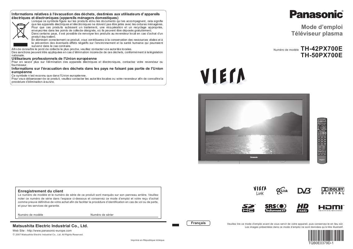 Guide utilisation PANASONIC TH-50PX700E  de la marque PANASONIC